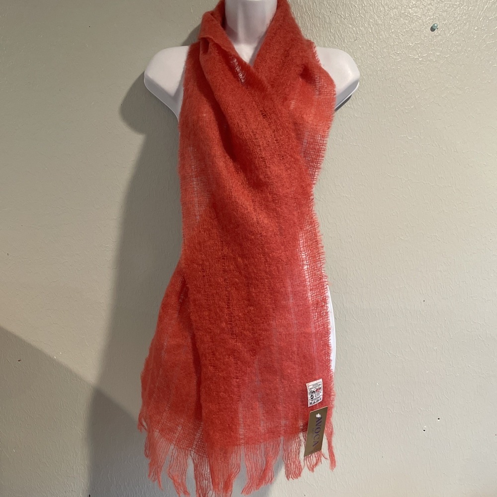 NWT AVOCA HANDWEAVERS Ireland Mohair Wool Tassle Fringe MUFFLER SCARF Coral 75x9
